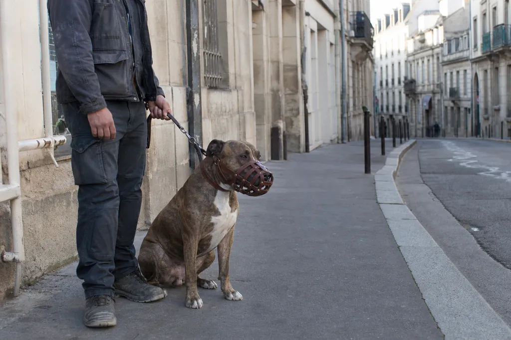 Un chien de type American Staffordshire terrier muselé, assis calmement sur un trottoir, tenu en laisse courte par son maître