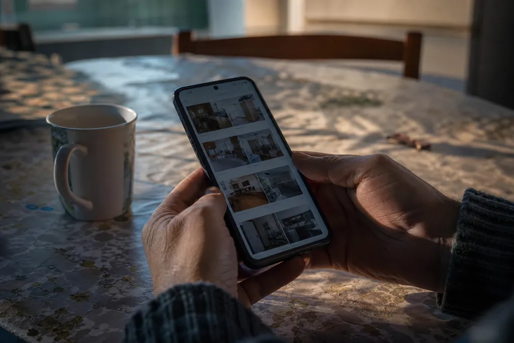Les mains d'une personne consultant des annonces sur un téléphone à la table de la cuisine