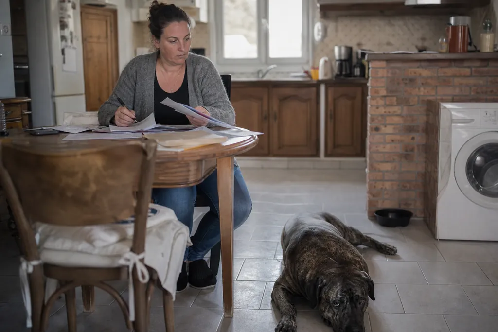 Une femme assise à sa table de cuisine remplit des documents d'assurance, son chien couché à ses pieds