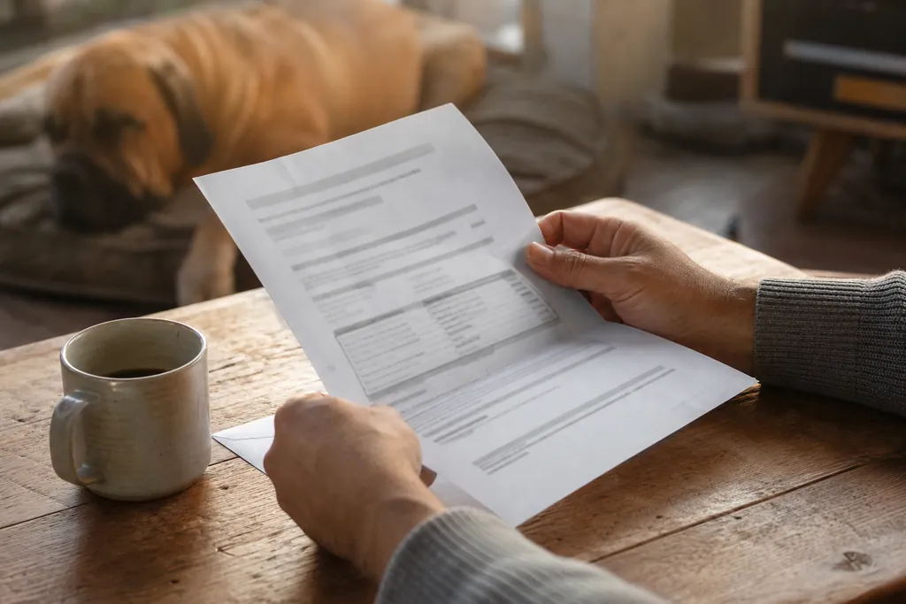 Mains tenant une attestation d'assurance sur une table de cuisine, un chien assoupi en arrière-plan