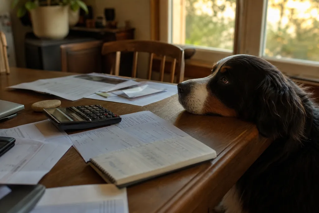 Table de salle à manger avec une calculatrice, des factures vétérinaires et un chien qui observe