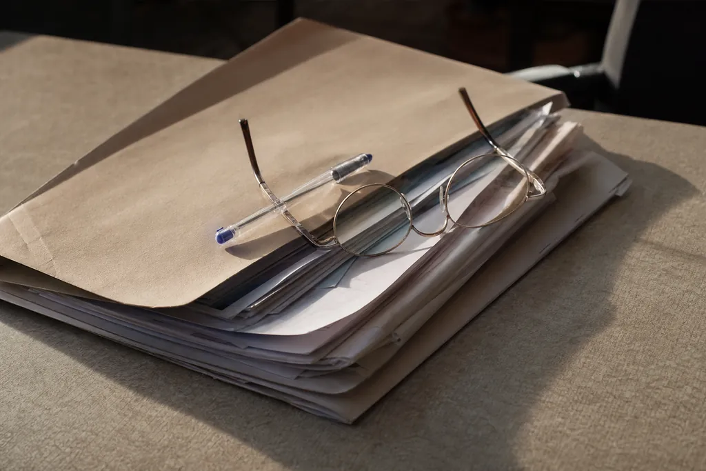 Pochette cartonnée ouverte avec des documents administratifs, un stylo et des lunettes