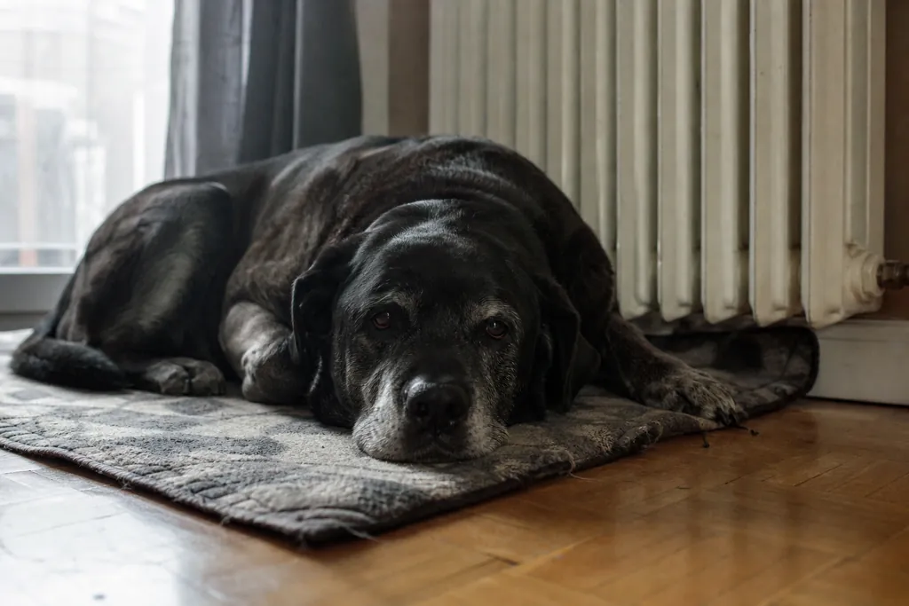 Un vieux chien de type molossoïde couché sur un tapis près d'un radiateur, dans un intérieur modeste