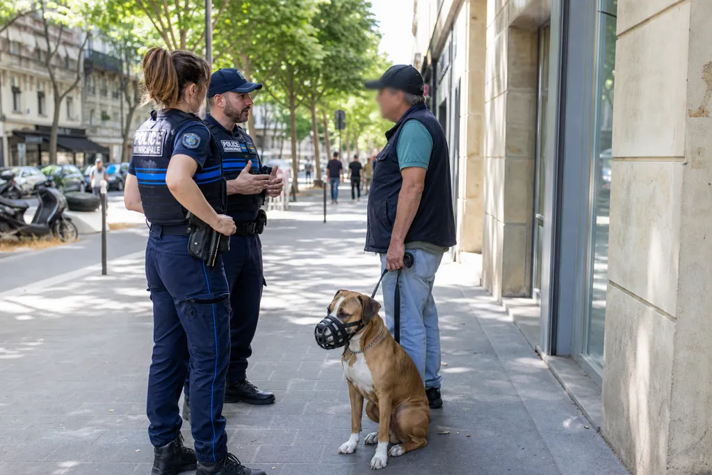 Deux agents de police municipale discutent avec un propriétaire de chien sur un trottoir
