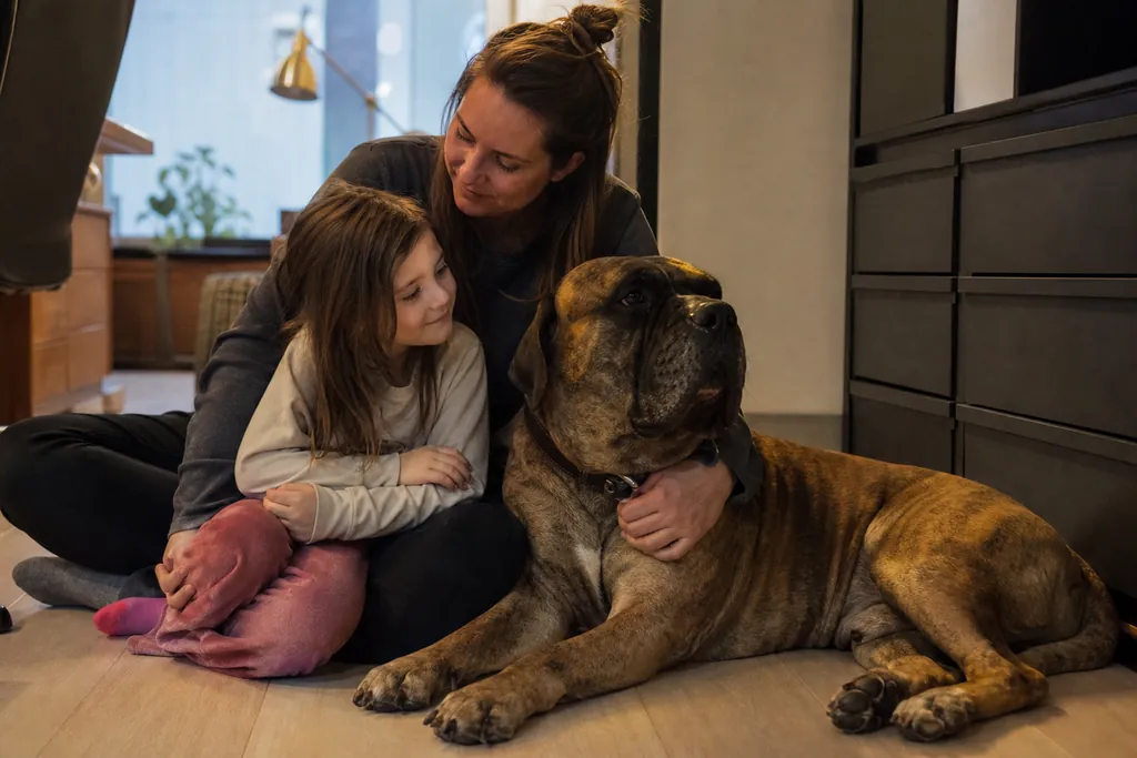 Une mère assise au sol entre sa fille et le chien de la famille, la main posée sur le collier