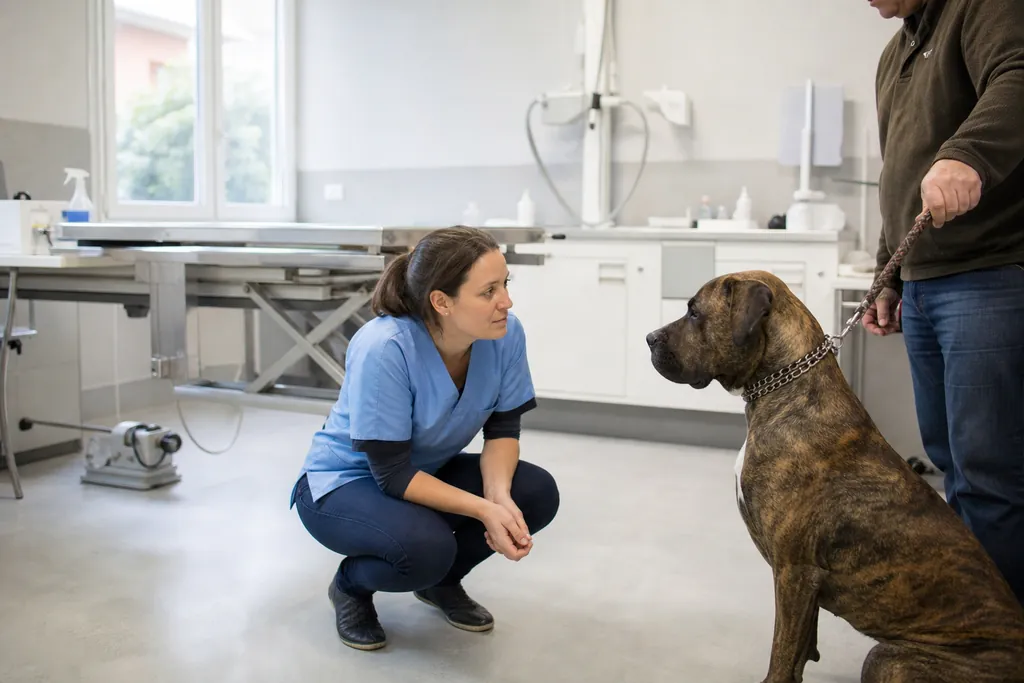Une vétérinaire accroupie observe attentivement un grand chien tenu en laisse par son propriétaire