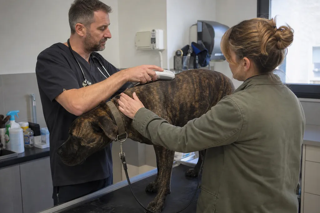 Un vétérinaire passe un lecteur de puce électronique sur le garrot d'un chien sur la table d'examen