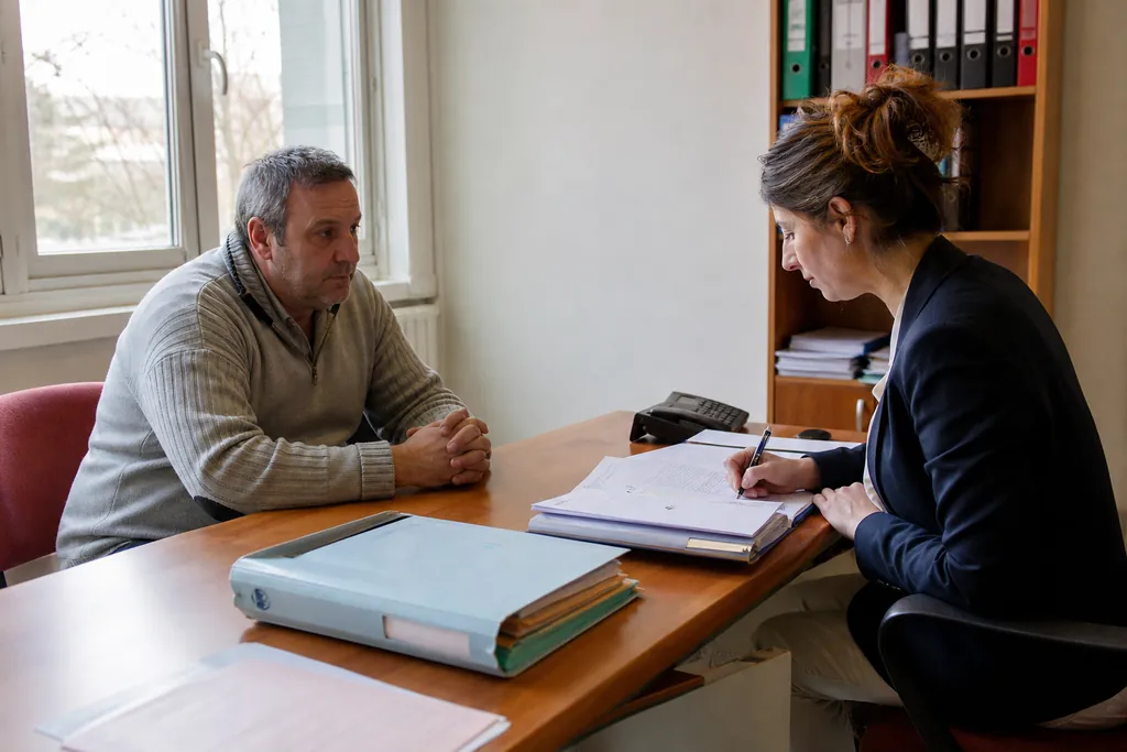 Un homme face à une professionnelle qui prend des notes sur un dossier lors d'une expertise