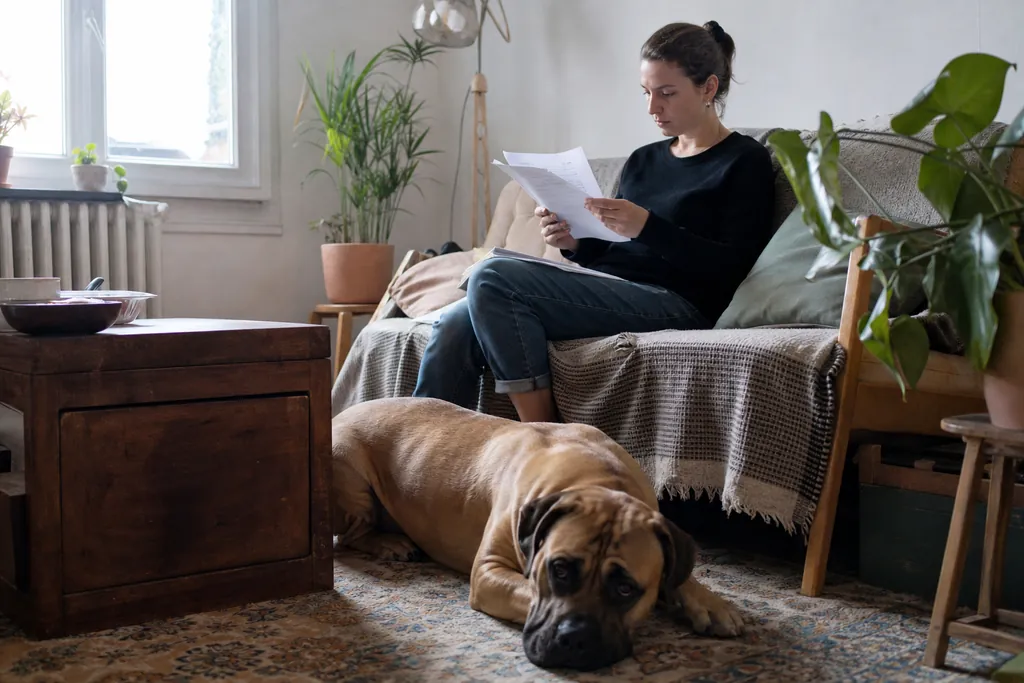 Grand chien couché sur un tapis dans le salon d'un appartement, sa propriétaire assise sur le canapé