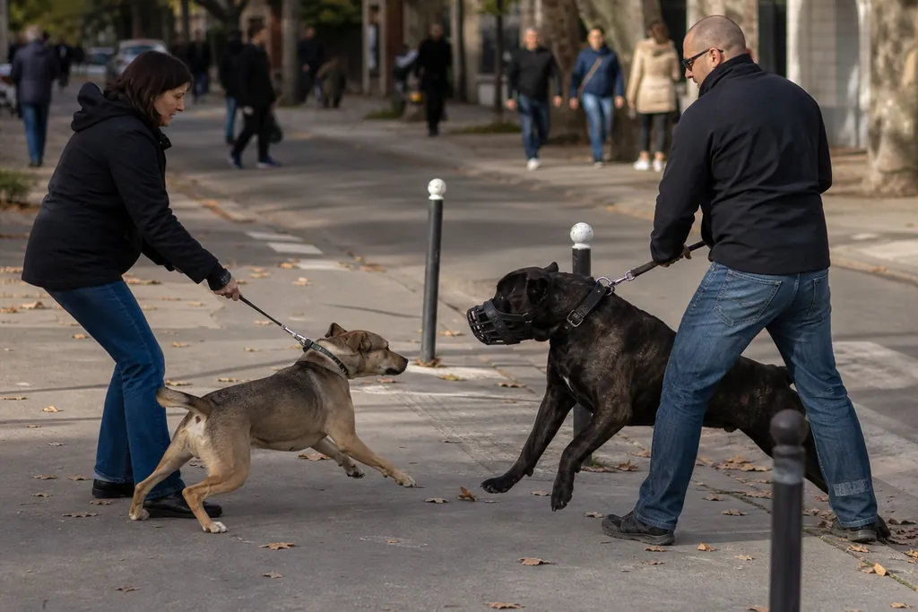 Deux propriétaires séparent calmement leurs chiens tenus en laisse courte sur un trottoir