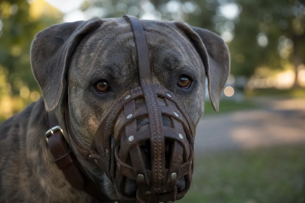 Gros plan sur la tête d'un chien portant une muselière panier en cuir bien ajustée