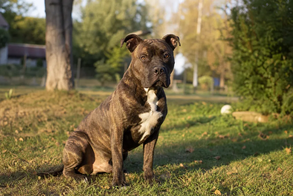 American Staffordshire terrier bringé assis sur l'herbe d'un jardin, regard attentif