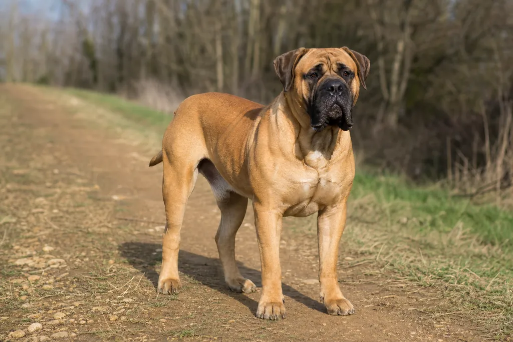 Grand chien de type mastiff boerbull fauve à masque noir, debout sur un chemin de campagne