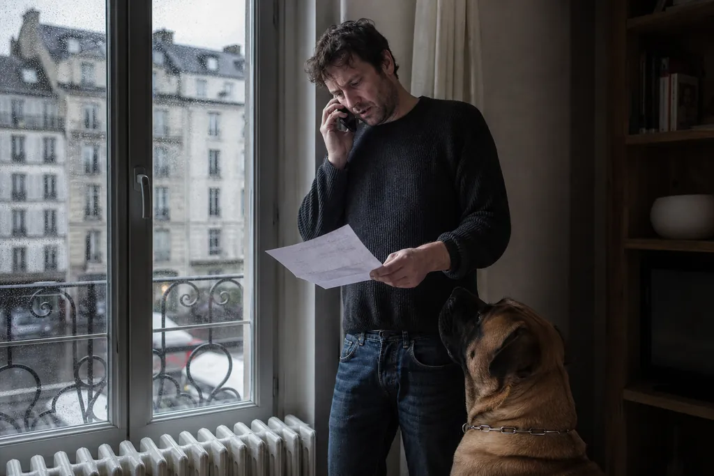 Un homme au téléphone, une lettre à la main, l'air contrarié, son chien assis à côté de lui