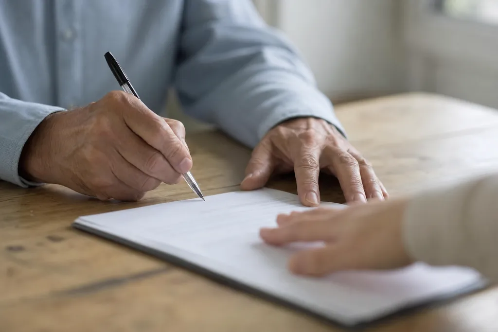 Deux personnes signent un document contractuel sur une table en bois clair
