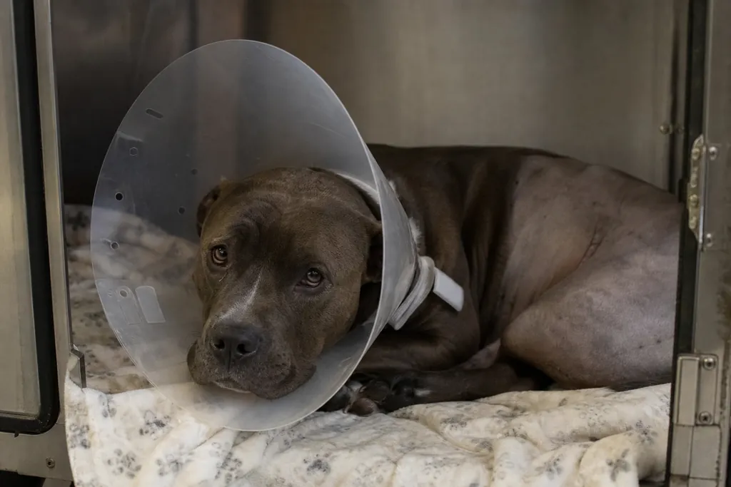 Chien portant une collerette après une intervention, couché sur une couverture en clinique