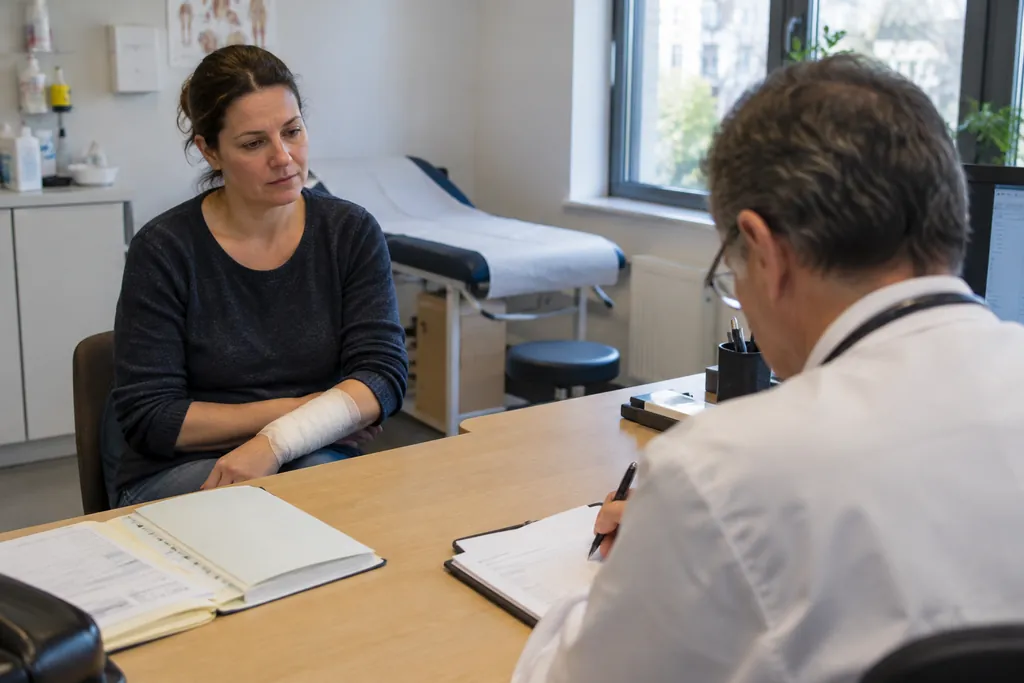 Une femme à l'avant-bras bandé assise dans un cabinet médical pendant que le médecin rédige un certificat