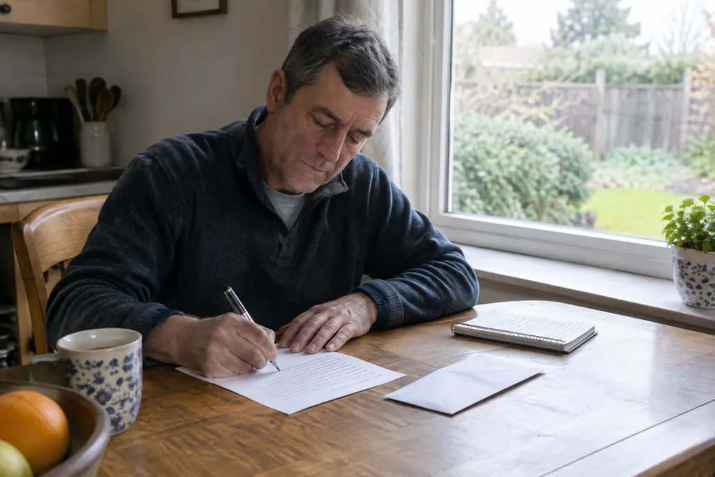 Un homme rédige une lettre à la table de sa cuisine, une enveloppe et un carnet de notes posés à côté de lui